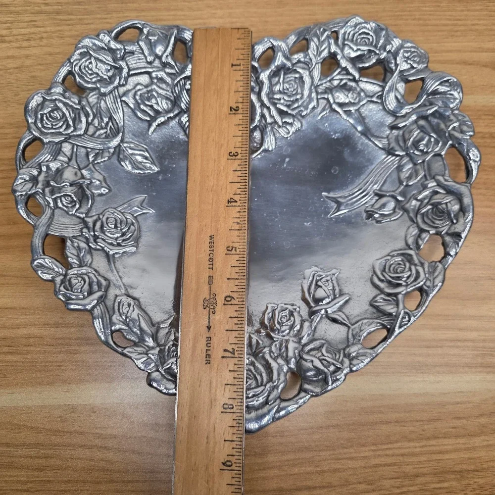 Vintage Arthur Court‎ California Rose Heart Tray Silver 1993 Aluminum With Box
